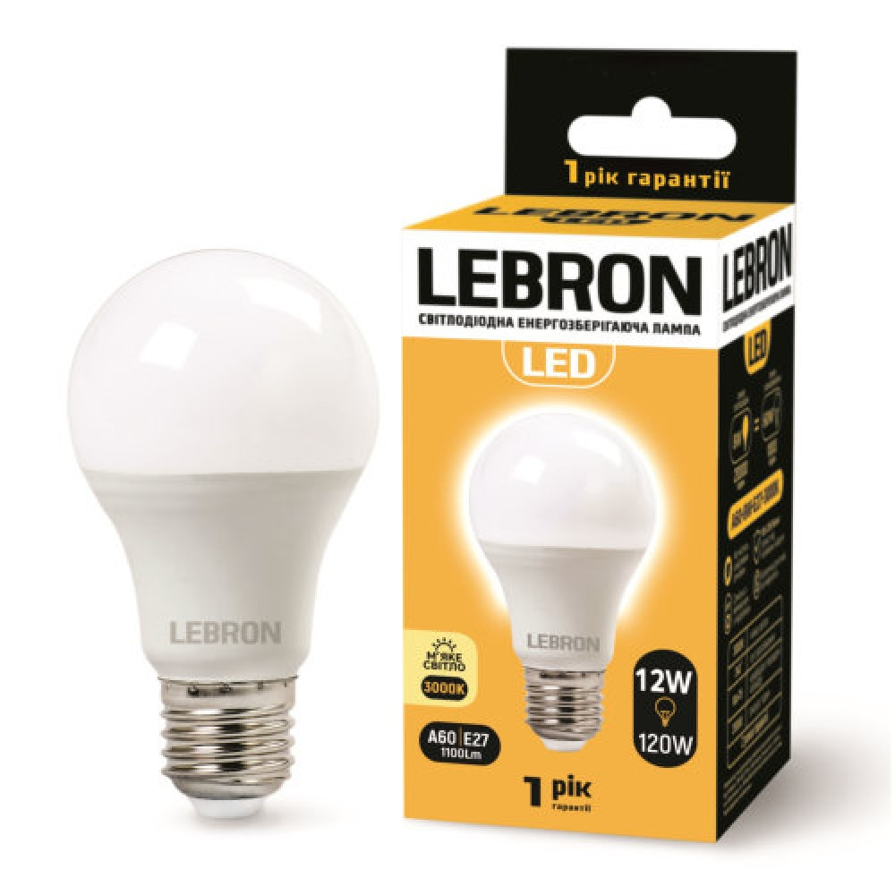 LED-лампа LEBRON L-A60, 12 W, E27, 30000 K, 1100 Lm (11-11-45) Арт.38935 Lebron