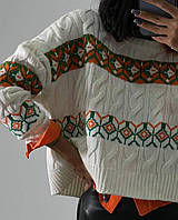 Женский свободный свитер с узорорной вязкой косичка и вышивкой (р. 42-46) 77sv3077