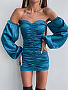 Атласне міні плаття з відкритими плечима з драпіруванням і об'ємними рукавами ліхтариками (р. S, M) 66035044Е, фото 10