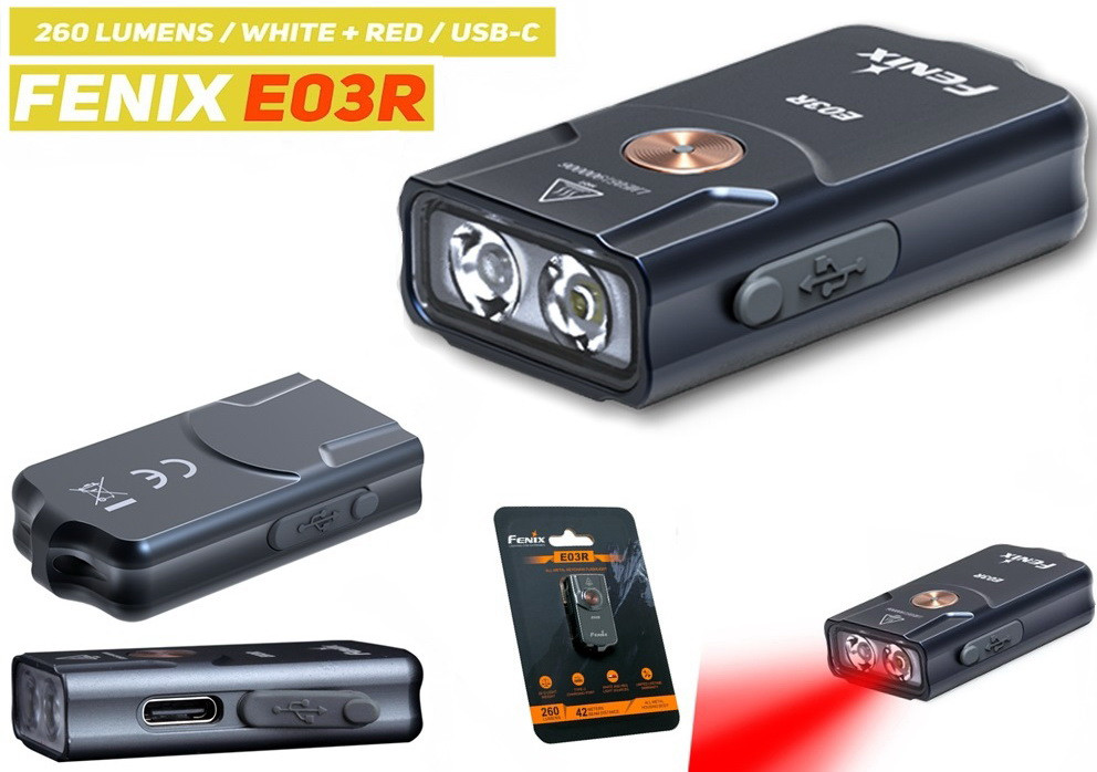 Наключний ліхтар брелок FENIX E03R Gray (260LM, Type-C USB, IP66, 6 режимів, +RED Light)