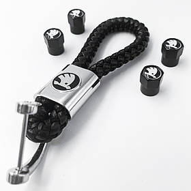 Комплект Skoda NEW - Ковпачки на ніпеля + брелок (Чорний)