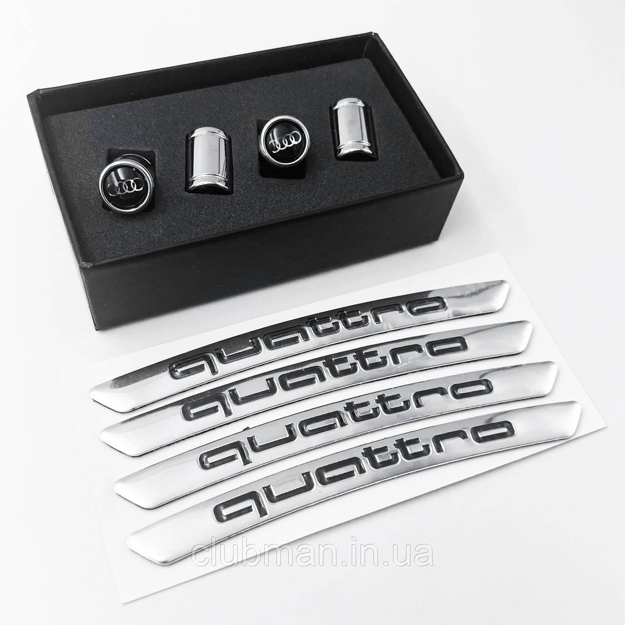 Подарунковий комплект Audi. Ковпачки на ніпеля + наклейки на диски (Хром)