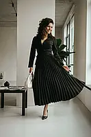 Женское праздничное черное платье с длинной расклешенной плиссированной юбкой и со съемной баской