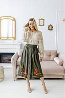 Современный украинский женский Костюм двухцветный юбочный нарядный с вышивкой гладью, Этно стиль L