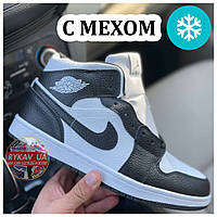 Мужские зимние кроссовки Nike Air Jordan 1 Retro High (Мех), черно-белые кожаные найк аир джордан