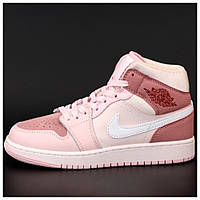 Женские кроссовки Nike Air Jordan 1 Retro Mid, розовые кожаные кроссовки найк аир джордан 1 ретро мид