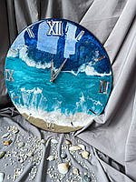 Настінний годинник море з епоксидної смоли на стіну сині з бірюзовим з золотом римські цифри дзеркальні тихий хід