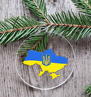 Патриотический новогодний шар прозрачный плоский "Карта Украины с гербом" 10см