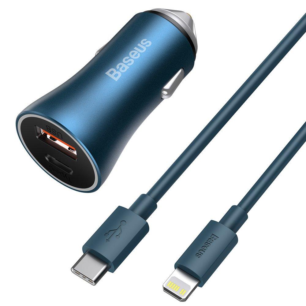 Зарядка в прикурювачі для айфона USB Type-C 40 Вт блакитна Baseus Golden Contactor Pro TZCCJD-03