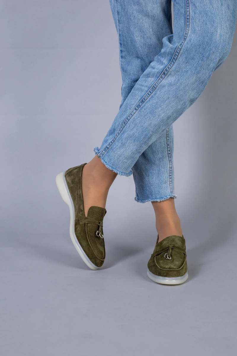 Жіночі демісезонні лофери ShoesBand Хакі натуральні замшеві на вузьку/середню стопу всередині шкірпідкладка 36 (24 см) (S66021-1)