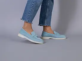 Жіночі демісезонні лофери ShoesBand Блакитні натуральні замшеві на вузьку/середню стопу всередині шкірпідкладка 36 (24 см)