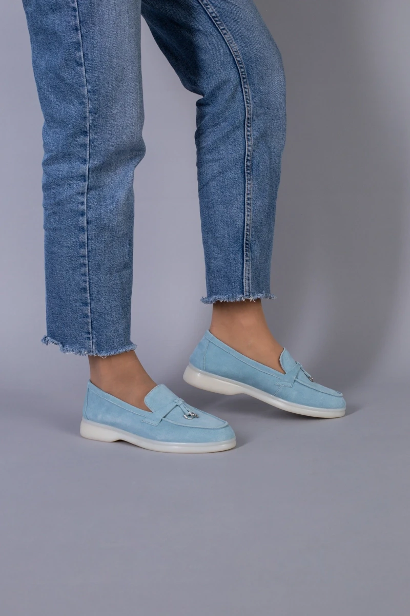 Жіночі демісезонні лофери ShoesBand Блакитні натуральні замшеві на вузьку/середню стопу всередині шкірпідкладка 39 (25,5-26 см)