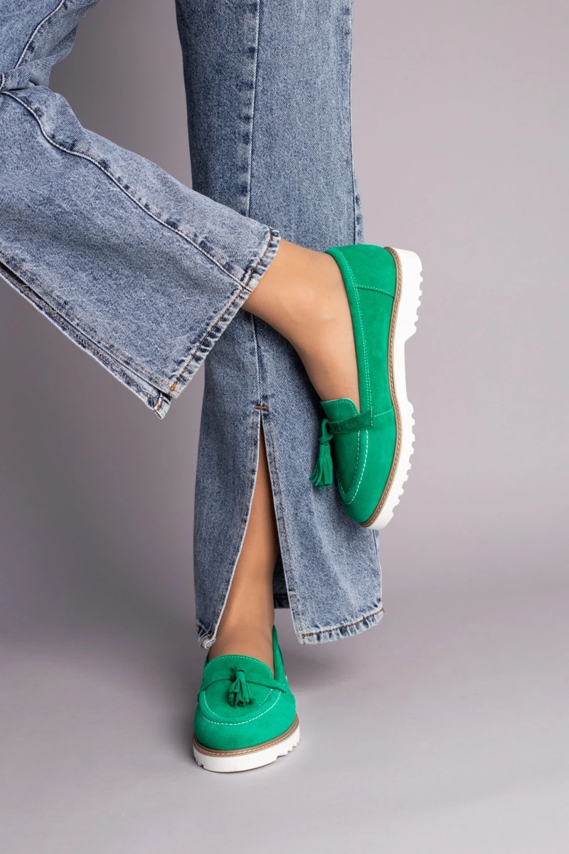 Жіночі демісезонні лофери ShoesBand Зелені натуральні замшеві на вузьку ногу всередині шкірпідкладка 40 (26-26,5 см) (S43001-1)