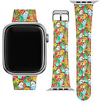 Ремешок для часов Apple Watch из экокожи 38/40/41/42/44/45 мм (Милые, Каваи, Попугаи, Неразлучники,