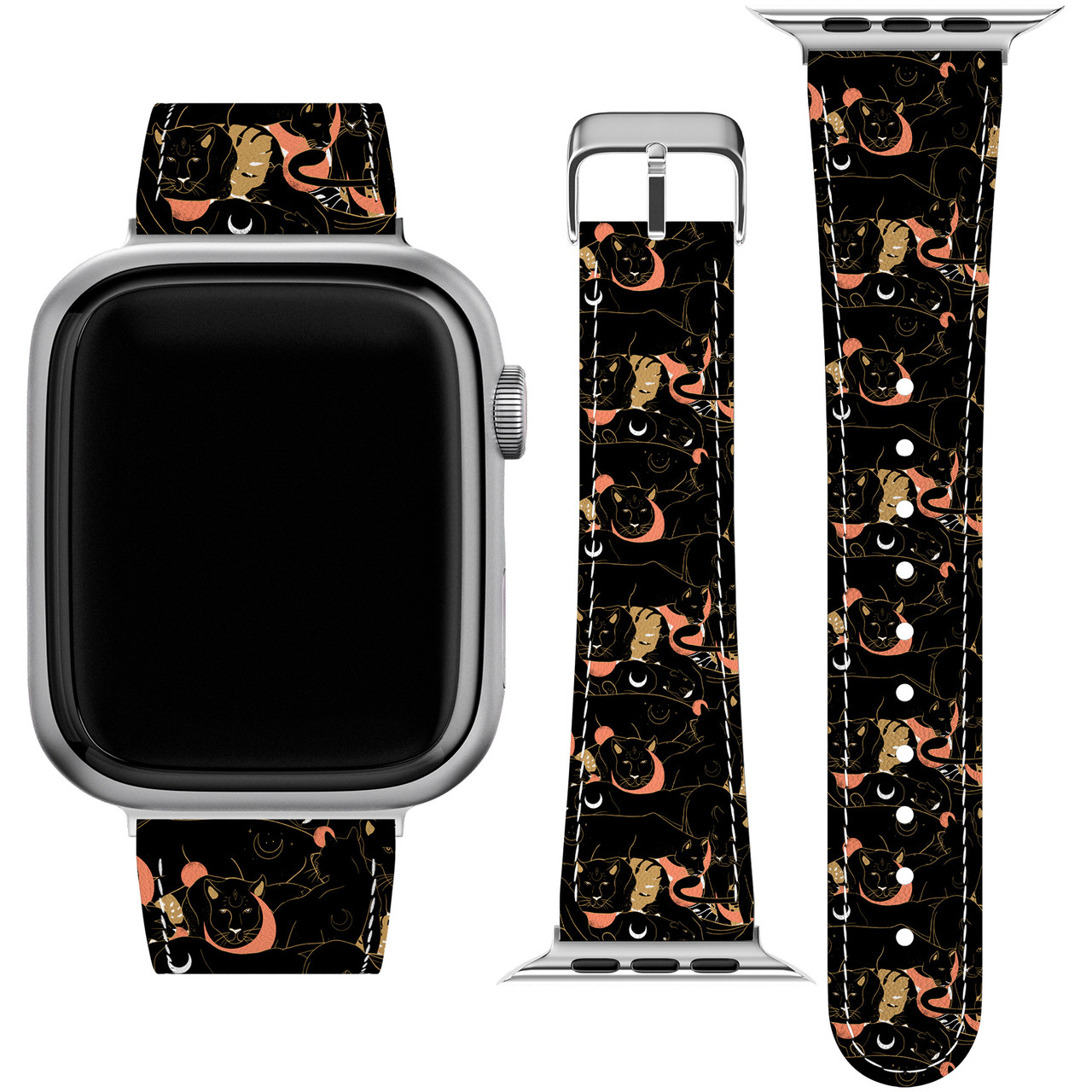 Ремінець для годинника Apple Watch з екошкіри 38/40/41/42/44/45 мм (Чорна пантера, Екзотичний кіт, Місяць, Листя, Елегантний,) от