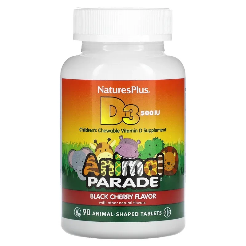 Nature's Plus, Source of Life, Animal Parade, вітамін D3, зі смаком натуральної черемхи, 500 МО, 90 таблеток