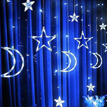 Гірлянда Штора 2,5 м, 220В, "Зірка на місяці", 138 LED, з пультом, Синя / Світлодіодна гірлянда на вікно