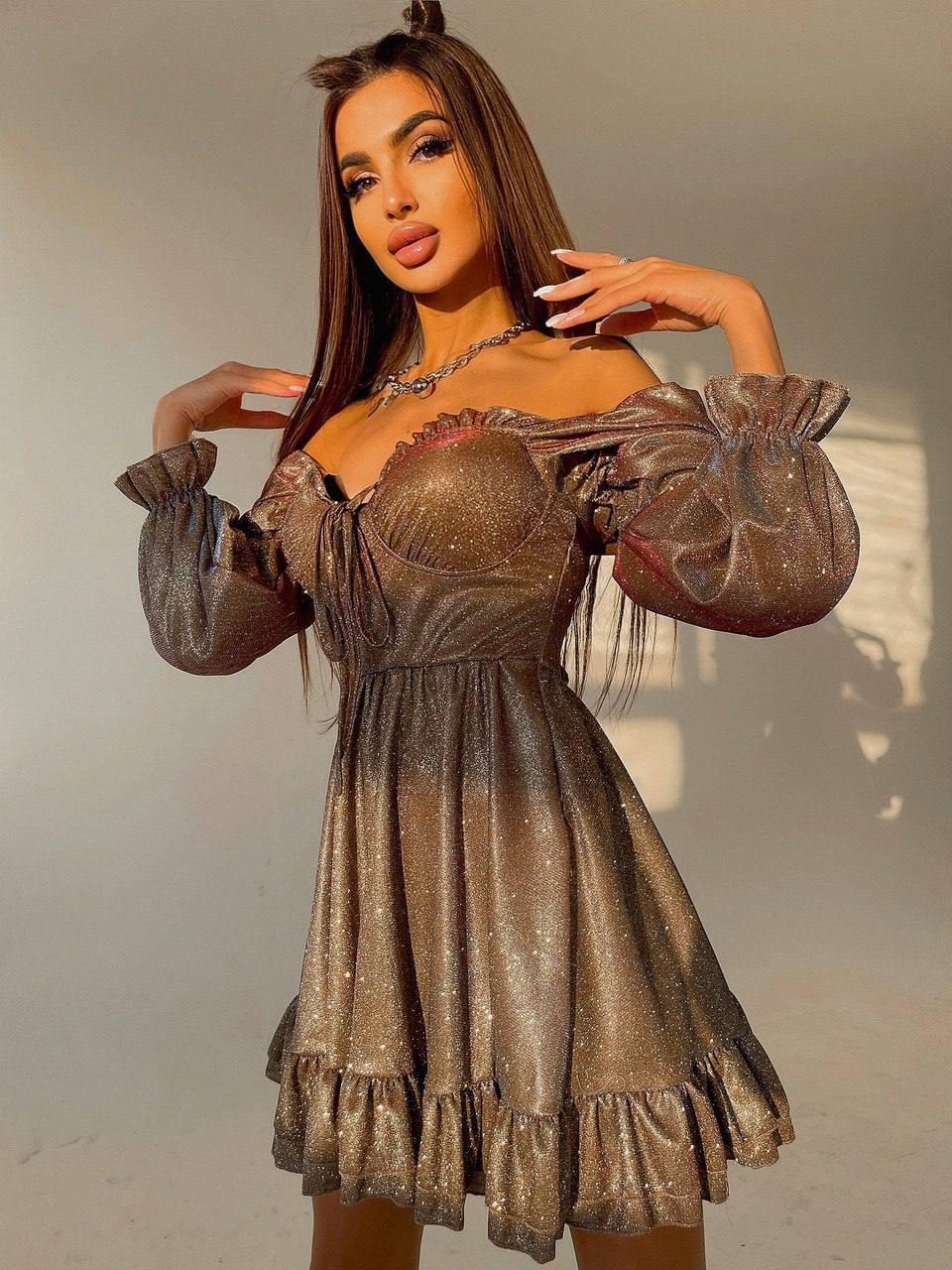 Блискуче плаття бюстьє з чашками пушап з розкльошеною спідницею з рюшами (р. S, M) 66035050Е, фото 1