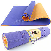 Коврик для йоги Premium TPE 6 мм йога мат, каремат для йоги, фитнеса, пилатеса 2-х слойный 183/61/6 мм сиреневый-оранжевый