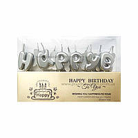 Набор свечек в торт "Happy birthday" серебро, высота букв 3 см