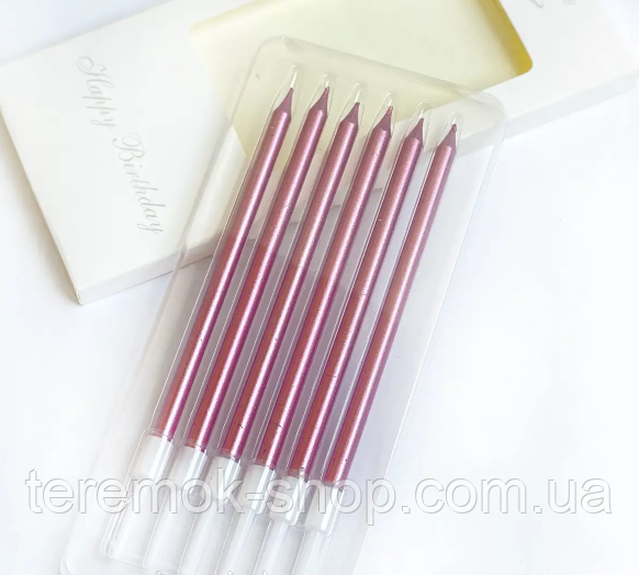 Свічки для торта пудрові металік з підставкою 6 шт свічки рожеві в торт, фото 1