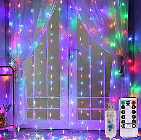 Гірлянда штора Крапля роси 2x2м, Пульт, 10 ниток, 8 режимів, 200 Led, USB, різнокольорова, фото 1