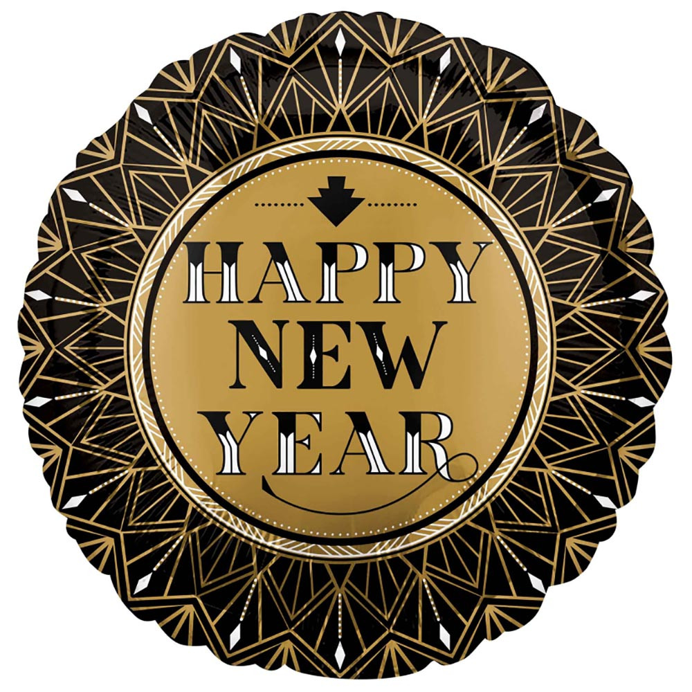 Фольгована кулька круг "Happy New Year" чорна 18"(45см) 1шт.