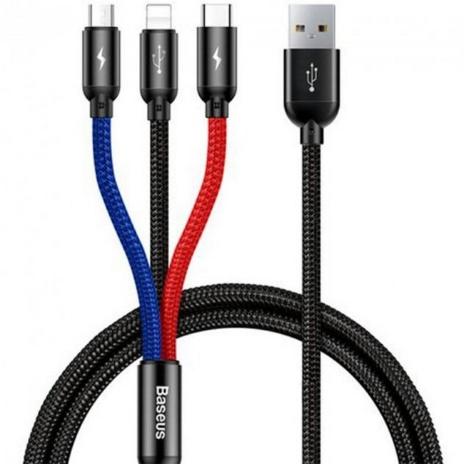 Кабель для зарядки Baseus Three Primary Colors 3 in 1 Cable USB For M+L+T чорний (CAMLT-BSY01)