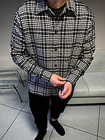 Мужская рубашка в клетку байковая оверсайз (черно-белая) TWsh2 кассная стильная и теплая премиум качество Топ