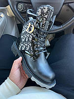 Женские зимние ботинки Dior Boot (чёрные) модные утеплённые мехом повседневные сапоги Ar12378 cross