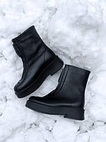 Женские зимние ботинки The Row Zipped Boot Black in Leather Fur (черные) модные тёплые сапоги PD7020 Топ