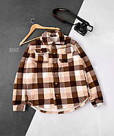 Рубашка мужская теплая в клетку оверсайз (коричневая) sr140 классная плюшевая (барашек) качественная овершорт