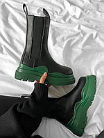 Женские ботинки Bottega Veneta Black Green Premium (чёрные с зелёным) высокие челси с флисом на платформе 8303