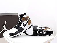 Мужские зимние кроссовки Nike Air Jordan (чёрные с белым и коричневым) высокие кеды на меху К13061 cross