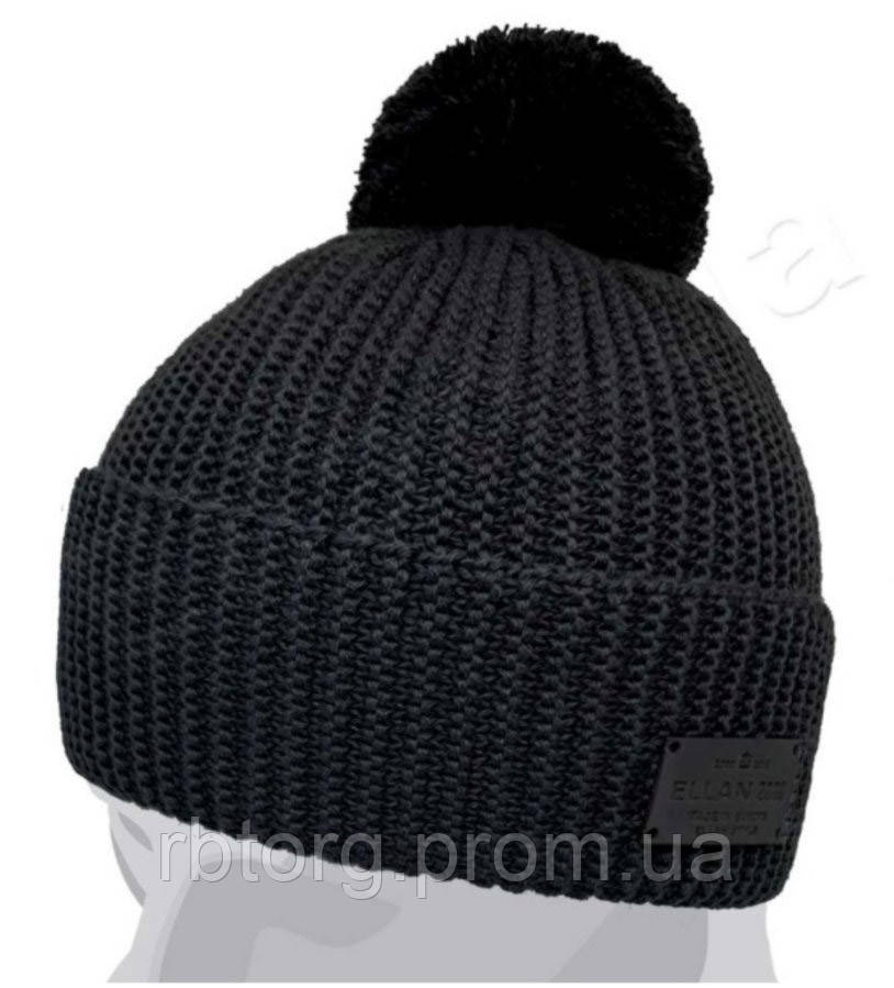Чоловіча зимова шапка Ellan Maple з пампоном, в'язана, утеплена флісом (чорна)