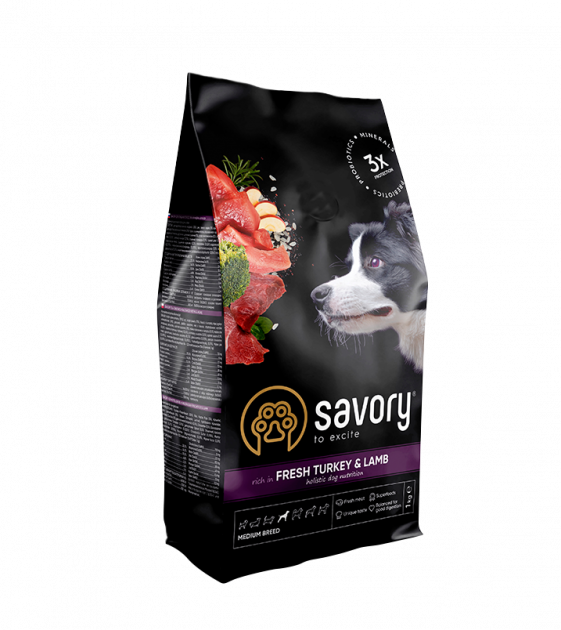 Сухий корм для собак середніх порід Savory Medium Breed rich in Fresh Turkey & Lamb (індичка та ягня) 1 кг