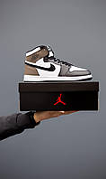 Мужские зимние кроссовки Nike Air Jordan Retro 1 High Dark Mocha (бело-коричневые) меховые кроссы M0689