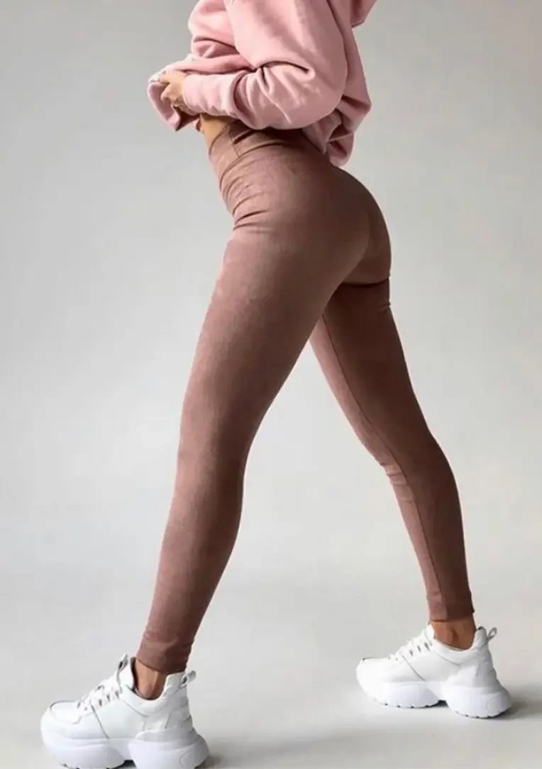 Замшеві жіночі лосини високою посадкою кольору моко