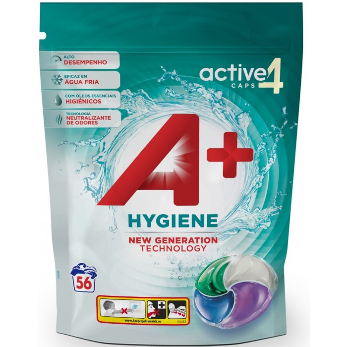 Капсули для прання А+ HYGIENE 4 в 1 для всіх типів тканин 56 шт