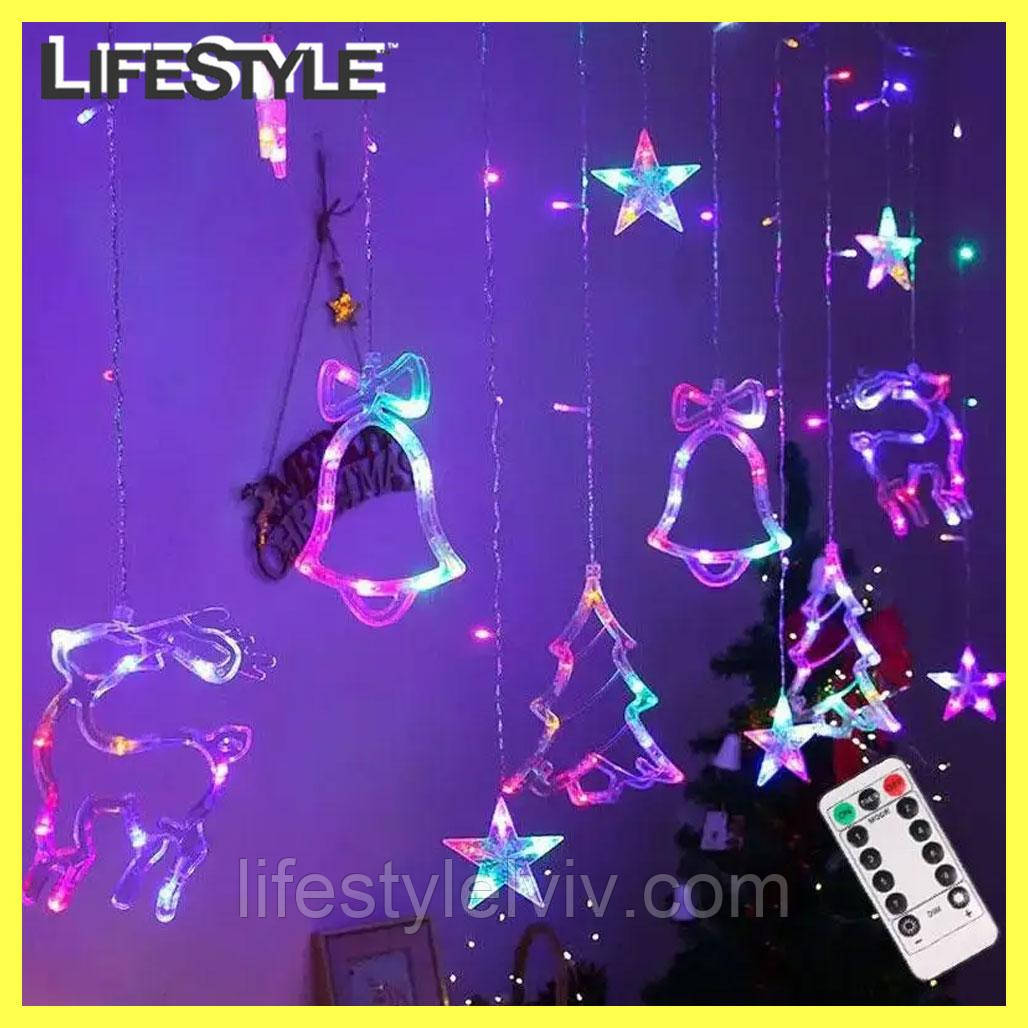 Новорічна Гірлянда Штора з фігурами Дзвіночок, Ялинка, Олень 12 фігур / Світлодіодна гірлянда Різнокольорова, фото 1