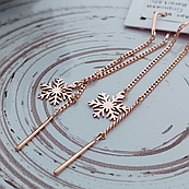 Сережки протяжки позолочені зі срібла сніжинки без каменів