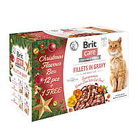 Різдвяний набір вологих кормів для котів Brit Care філе в соусі 12+1, різні смаки