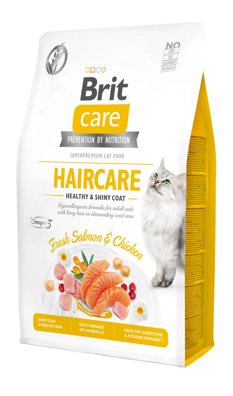 Сухий корм для котів догляд за вовною Brit Care Cat GF Haircare Healthy&Shiny Coat (курка та лосось) 2 кг