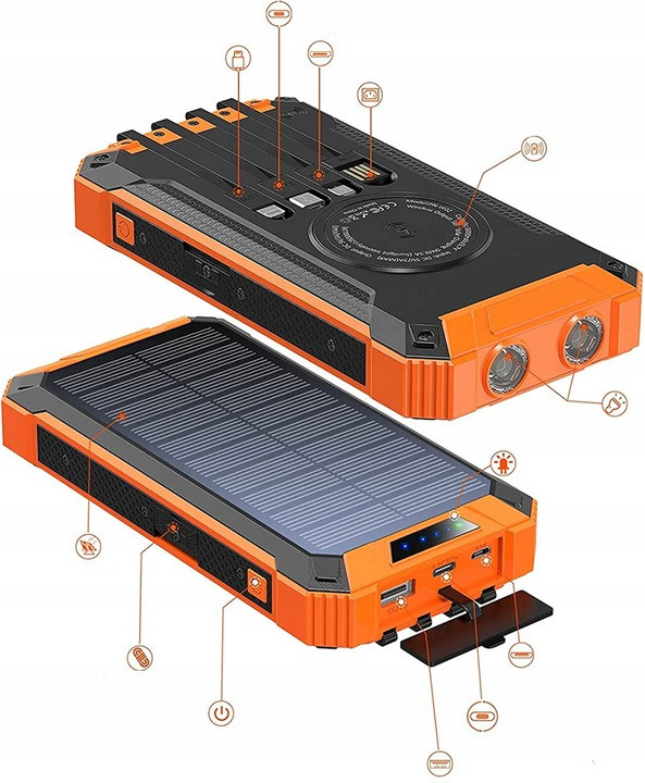 Повербанк с солнечной батареей 20Вт 30000mah Power Bank 4 шнура USB беспроводная зарядка с фонариком - фото 8 - id-p1724373394