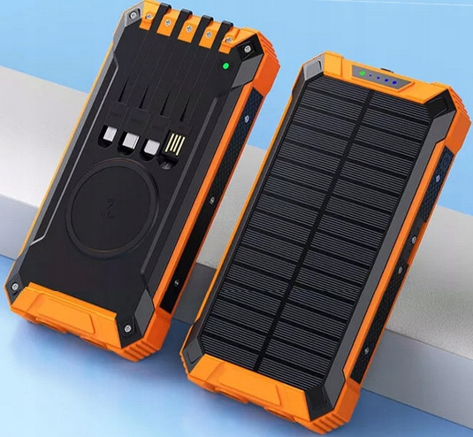Повербанк с солнечной батареей 20Вт 30000mah Power Bank 4 шнура USB беспроводная зарядка с фонариком - фото 3 - id-p1724376645