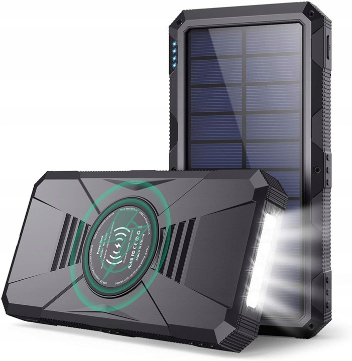 Повербанк с солнечной батареей 20Вт 30000mah Power Bank 4 шнура USB беспроводная зарядка с фонариком - фото 10 - id-p1724376645