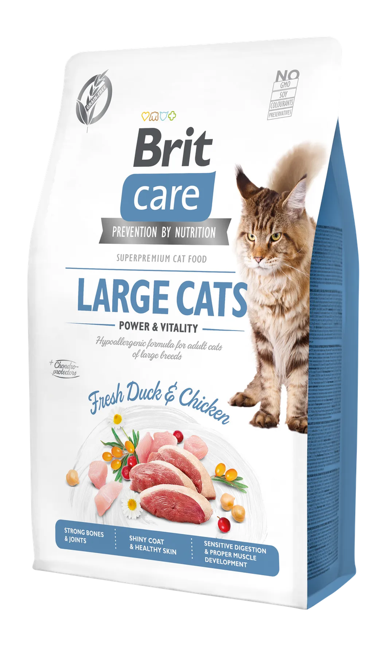 Сухий корм для котів великих порід Brit Care Cat GF Large cats Power & Vitality (курка та качка) 2 кг, фото 1