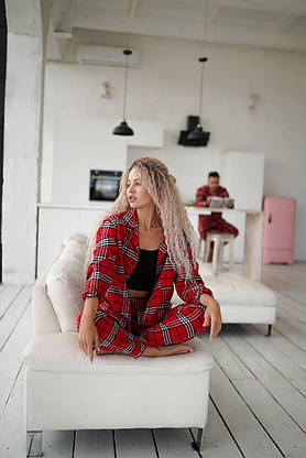 Женская пижама в клетку красная, теплая домашняя пижама женская двойка рубашка и штаны, фото 3