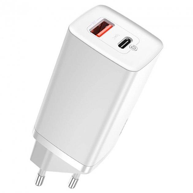 Блок живлення Baseus GaN Quick Charger 65W white (Type-С+USB) для заряджання ноутбуків, смартфонів, планшетів