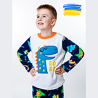 Детская теплая пижама для мальчиков Яркая домашняя одежда для сна с динозаврами синяя Пижама для дома на зиму 134